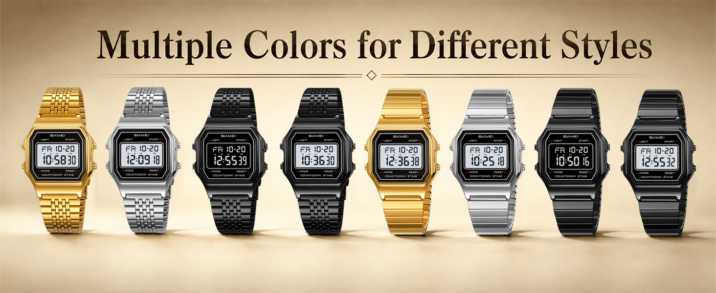 Gold, silver and black digital watches, color choices for stainless or stretch bands