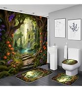 Nkzply 4 PCS Fantasy Castle Shower Curtain Enchanted Forest Bathroom Sets with Shower Curtain and...