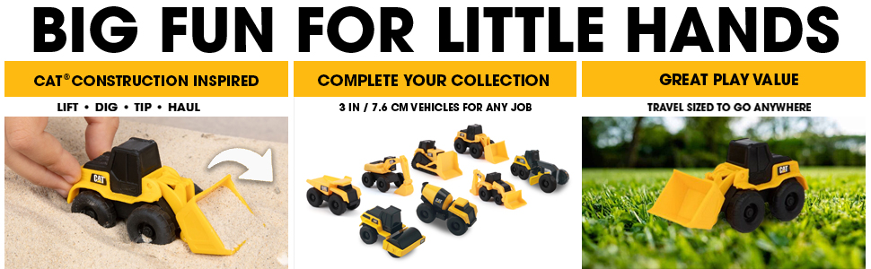 A child's hand moving a cat construction toy vehicle front loader. 8 little machines vehicles.