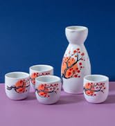 HIBINO Japanese Sake Set - 1 Tokkuri Bottle (5 Oz) & 4 Ochoko Cups (1.3 Oz) - 5pc Ceramic Sake Se...