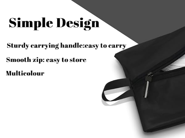 Black travel shoe bag with zipper closure and carrying handle, shown partially open with white text describing simple design features.