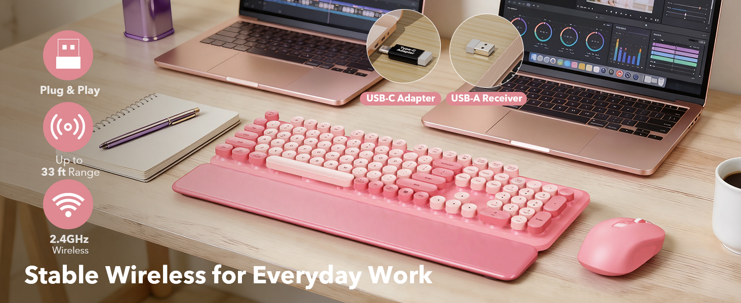 Plug-and-play 2.4GHz wireless with USB-A receiver and USB-C adapter delivers a stable connection