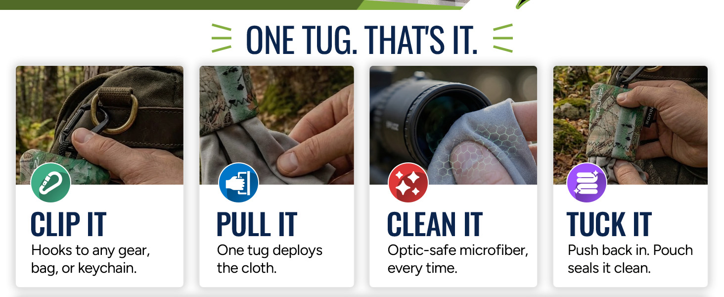 Classic Microfiber Lens Cleaner Clip-On Pouch, Washable for Binoculars, Scopes, Glasses, Screens