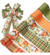Whaline 6 Rolls Fall Wired Edge Ribbons Orange Green Pumpkin Plaid Craft Ribbon Decorative Fabric...