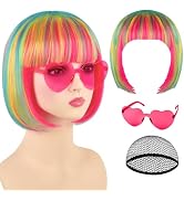 PLULON Pink Blue Yellow Bob Wig with Heart Sunglasses and Hair Cap for Women, Short Bob Wigs Synt...