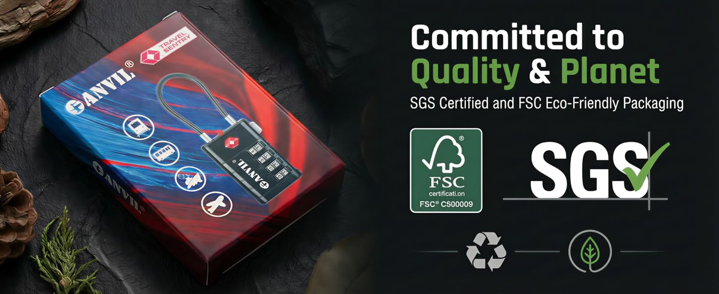 ANVIL luggage lock packaging uses FSC-certified paper and SGS-tested eco-friendly materials.