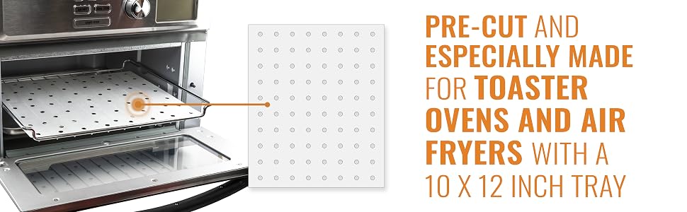 pre-cut parchment paper for toaster ovens with a 10 by 12 inch tray