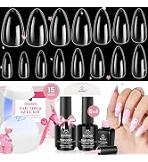 Beetles Gel Nail Kit 600Pcs 15 Sizes Medium Almond Nail Tips with Pink Color Gel Top Coat Soft Cl...