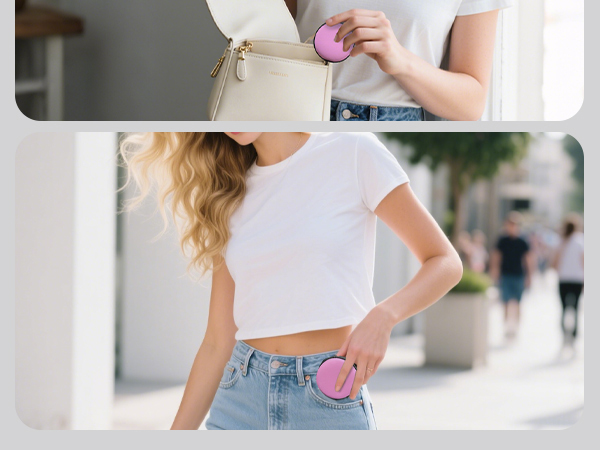 Pink circular object attached to back pocket of light blue denim jeans, shown in outdoor urban setting with white walls.
