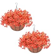 2 Set Artificial Fake Mums Flowers Plants with Hanging Basket for Outdoor,2 Hanging Planters with...
