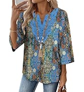 WIHOLL 3/4 Length Sleeve Womens Tops Boho V Neck Lace Shirts Trendy Blouses Dressy Casual Vacatio...