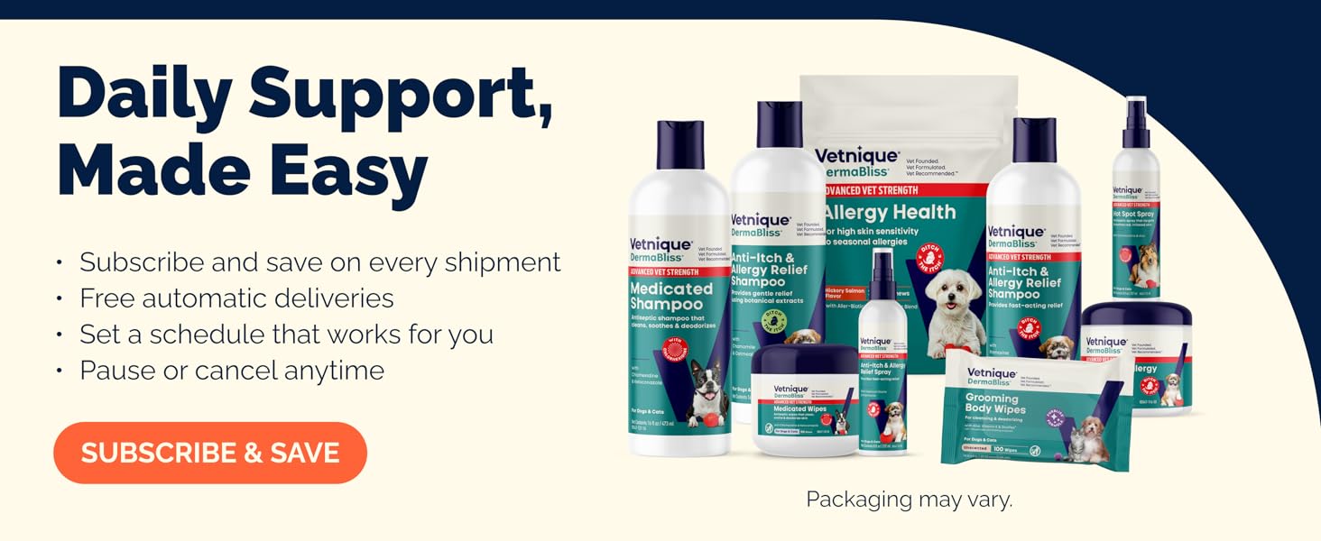 Subscribe to Vetnique Dermabliss for dog skin and allergy care, cancel anytime