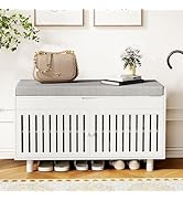 Storage Bench, Bamboo Shoe Bench with Padded Seat Cushion & 2 Doors, 2-Tier Entryway Bench with L...