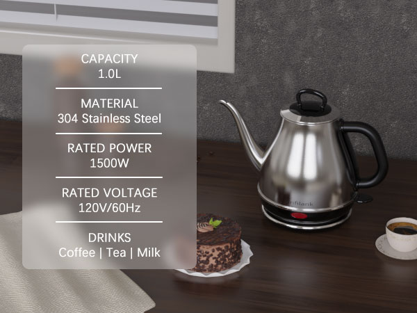 silver gooseneck electric kettle1l, stainless steel, coffee / tea / milk / oats, etc.