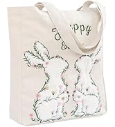 Perseverance Trade Easter Bunny Embroidery Canvas Tote Bag Reusable Large Easter Gift Bags for Sp...
