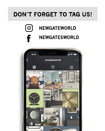 Smartphone screen displaying a grid of interior design photos, with social media account names for Newgateworld shown above.