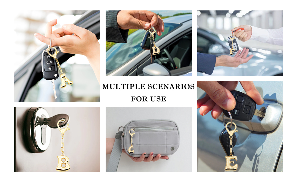 Golden inflatable letter keychains (A-E) on keys, bags—showcasing versatility.