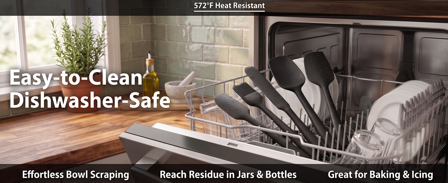 Black silicone kitchen utensils set placed in dishwasher rack, dishwasher-safe, heat resistant
