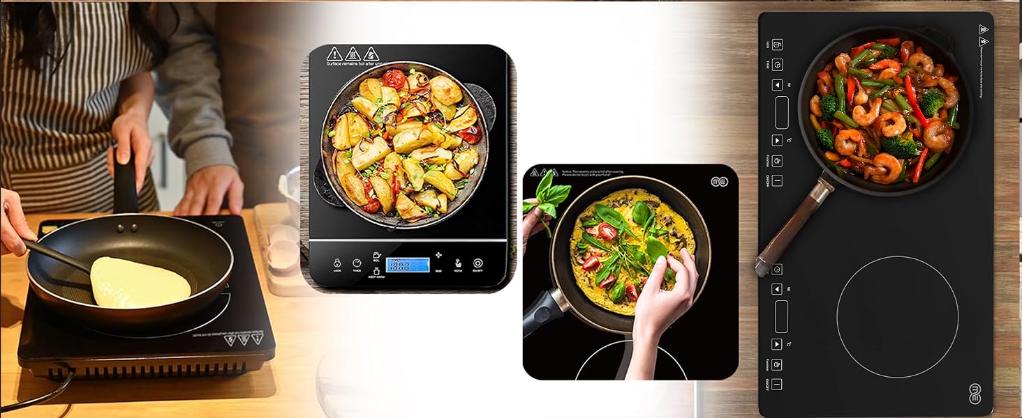 Single and double induction cooktops cooking various meals
