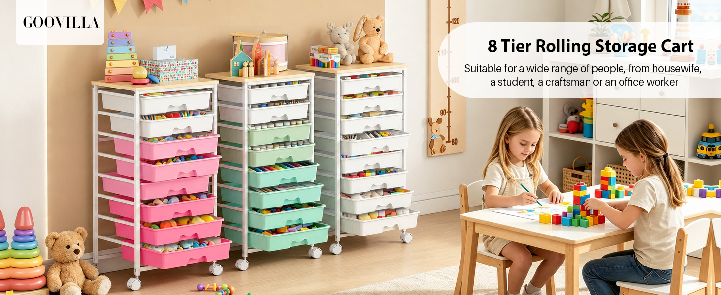 Goovilla rolling cart, 8-tier large capacity,fit for various groups, craft, housewife, student etc.