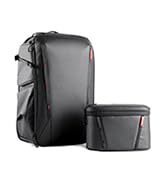 Two black camera bags or cases. One larger rectangular backpack-style bag and a smaller, cylindrical case beside it.