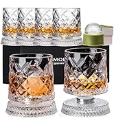 NORIMODA Spinning Whiskey Glasses Set of 6, 9.5oz Lead-free Old Fashioned Rocks Glasses With Rota...
