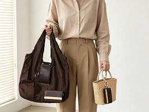 Women's brown foldable nylon tote bag and its compact folded storage bag