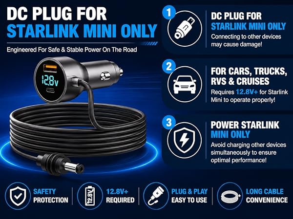 Car cigarette lighter DC plug power adapter with long cable engineered for Starlink Mini only