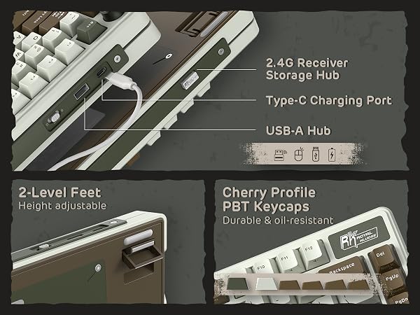 Keyboard features including 2.4G receiver storage, Type-C charging port, USB-A hub, 2-level adjustable feet, and Cherry Profile PBT keycaps. Close-up shows durable, oil-resistant keycaps.