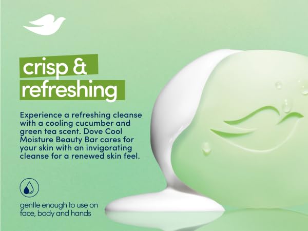 Dove cleansing bar with white cream dripping, set against a light green background with text.