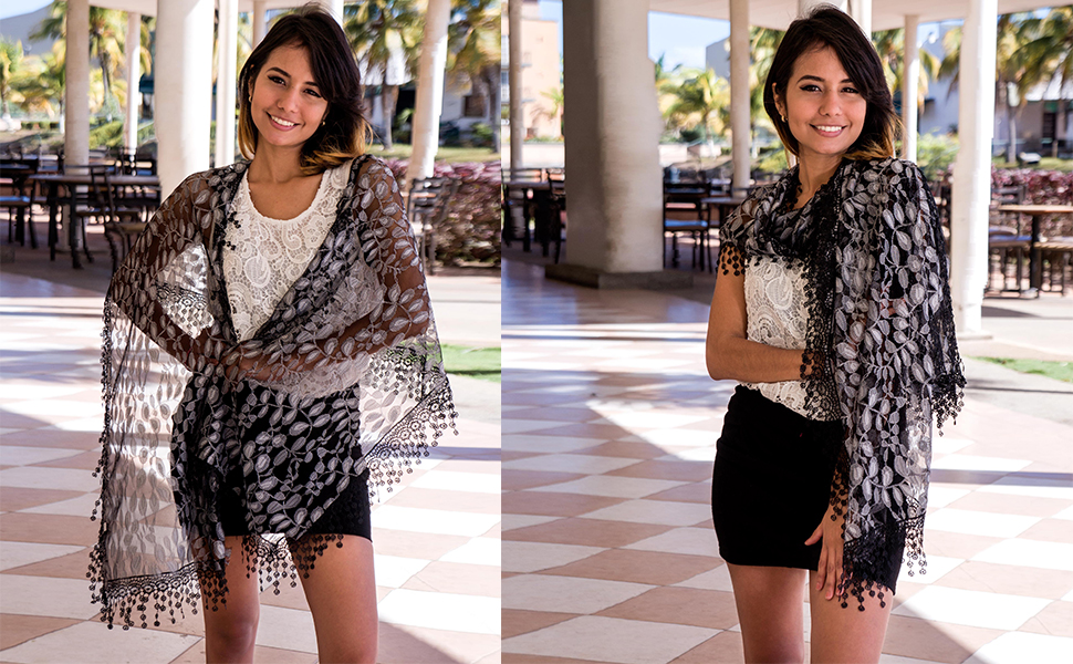 Women's Fashion Lace Floral Pattern Scarf Shawl Wrap with Tassel