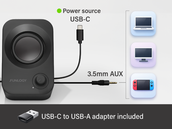 FUNLOGY Speaker Plus connection diagram with USB-C power and 3.5 mm AUX audio.