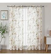 OWENIE Crushed Semi Sheer Curtains 72 Inch Length 2 Panels Set, Printing Floral Pattern Rod Pocke...
