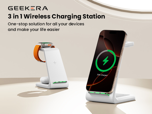 GEEKERA 3 in 1 Wireless Charging Station for Apple Fast Wireless Charger Stand Dock for iPhone