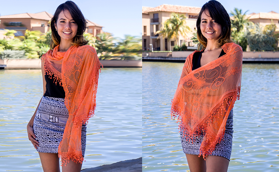 Women's Lace Floral Pattern Scarf Shawl with Tassel
