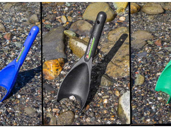 lifestyle photo collage of heavy duty gold prospectors scoops in rocky ground
