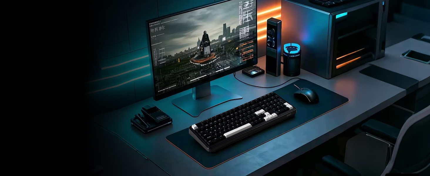 a computer monitor and keyboard on a desk