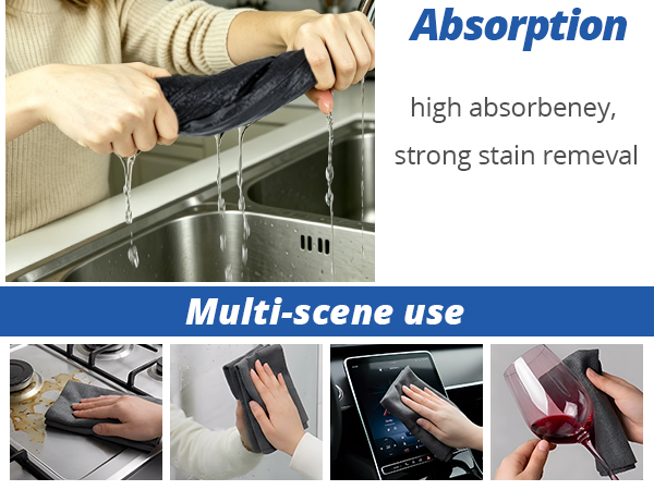 Multi-purpose cleaning cloth used on a kitchen stove, glass mirror, car touchscreen, and wine glass.
