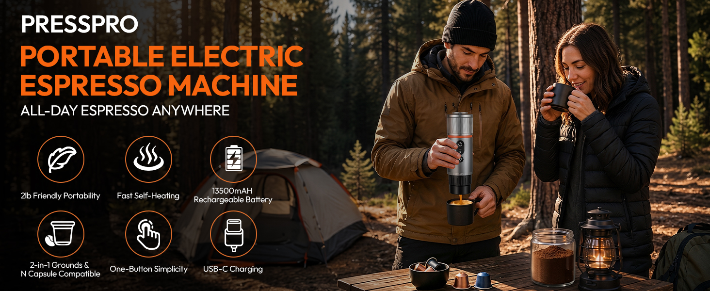 Two people were camping in the forest and were operating a espresso machine to drink coffee