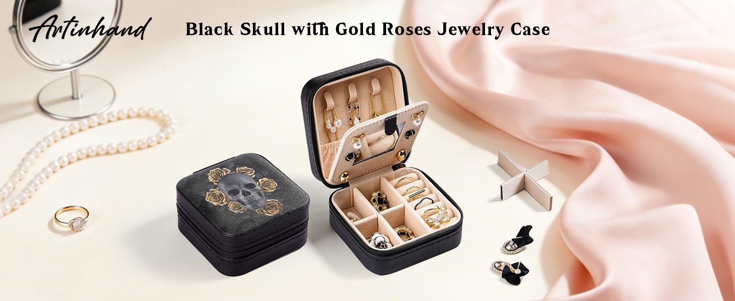 Black Skull with Gold Roses Small Travel Jewelry Case