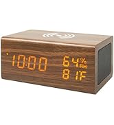 Everwood Wooden Electric Digital Alarm Clock with Qi Wireless Charging, Bluetooth Speaker Led Dis...