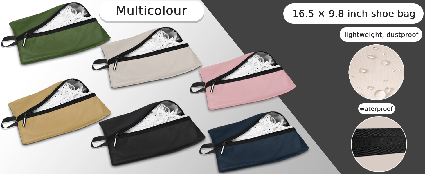 Shoe bags in multiple colors: green, beige, pink, yellow, black, and navy. Size 16.5 x 9.8 inches. Lightweight, dustproof, and waterproof design with zipper closure.
