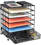 Univivi Office Desk Organizer, 6-Tier Mesh Letter Trays with Sliding Drawers,Metal File Desktop P...