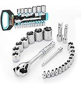 DURATECH 24-Piece Drive Socket Wrench Set, 1/4", 3/8", 1/2" Sockets Set, 3 In 1 Ratchet Wrench wi...