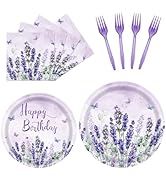 96Pcs Lavender Flowers Party Decorations Tableware, Purple Paper Plates Napkins Watercolor Bloomi...