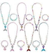 PinkSheep Mermaid Beaded Necklace Bracelets for Kids, Little Girl Mermaid Pearl Jewelry Sets, 6 P...
