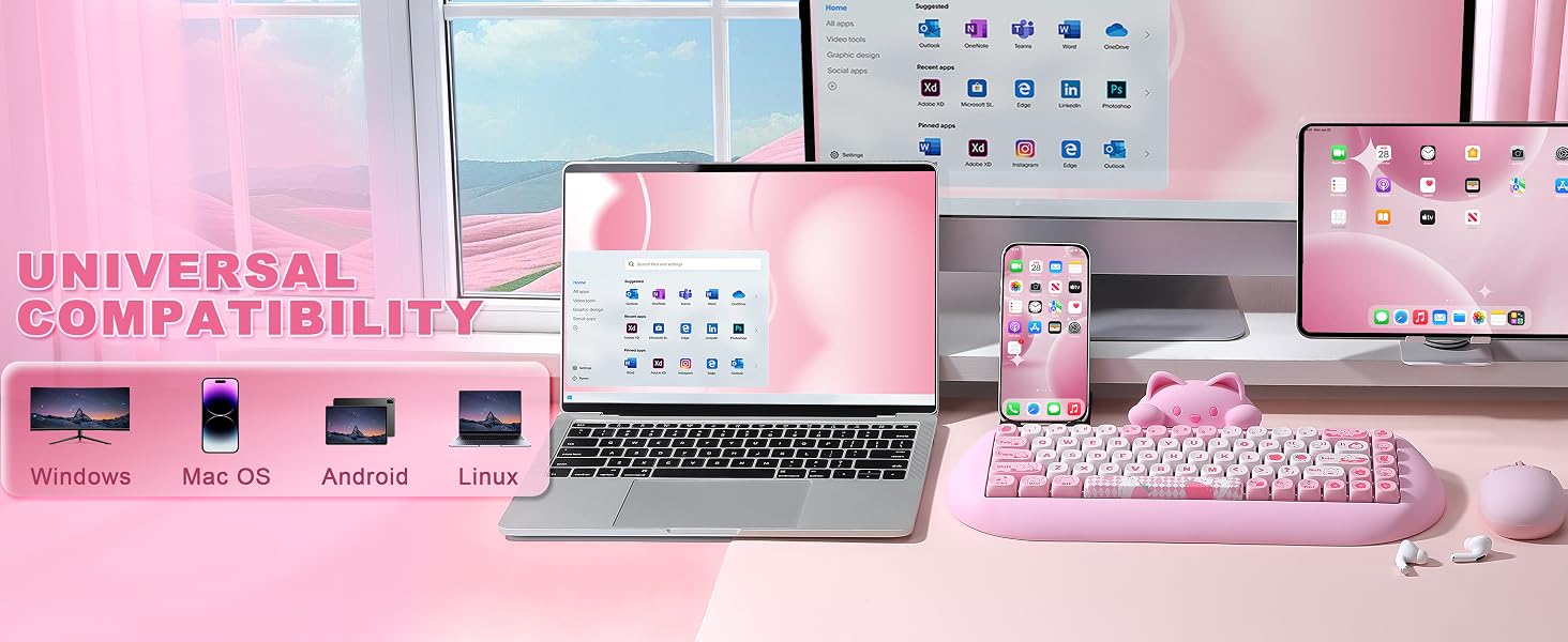 Text reads "UNIVERSAL COMPATIBILITY". Pink-themed computer desk setup featuring keyboard, monitor, speakers, and accessories on white surface.