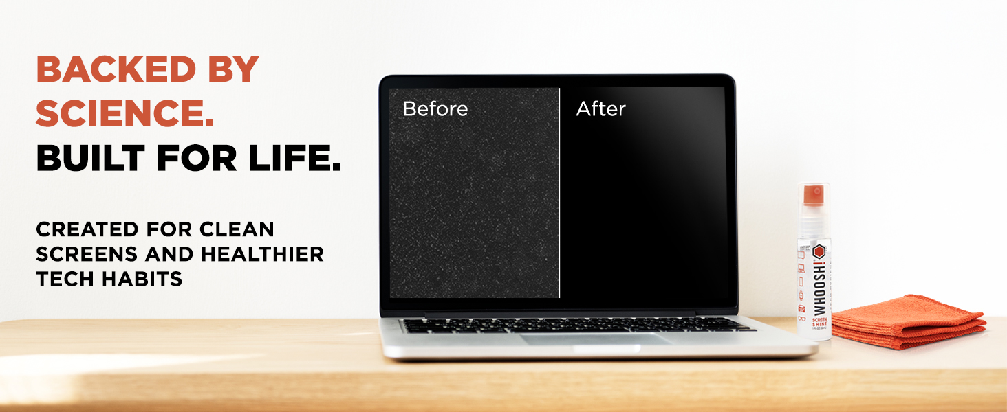 Before and After image showing a dirty vs. clean laptop screen with WHOOSH! cleaner and cloth.