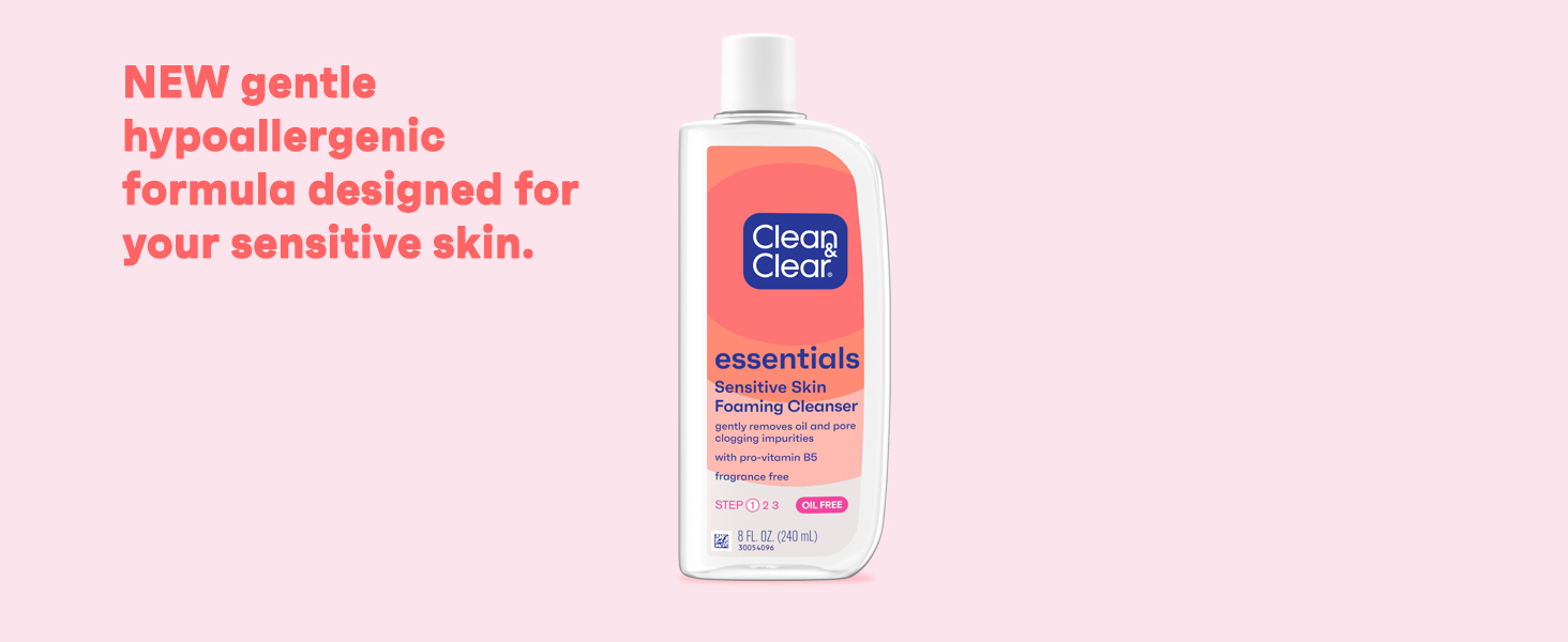 Clean & Clear Essentials Foaming Cleanser on pink background new gentle formula for sensitive skin