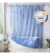 AmazerBath No Hook Shower Curtain and Liner 3-in-1, Luxury Heavy Duty Clear Blue No Hook Shower C...